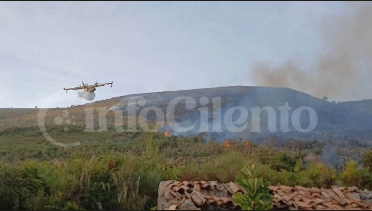 Doppio incendio nel Basso Cilento: Canadair in azione a Camerota